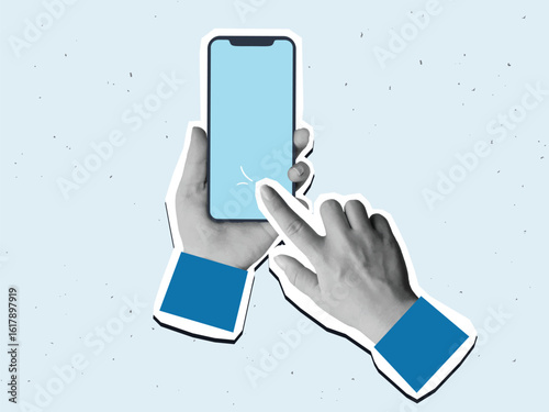 Black and white hands using a phone with a empty screen. Modern photo collage style. Vector illustration