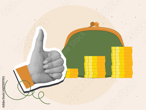 Black and white hand with a thumbs up gesture near a retro coin purse and growing row of gold coins. Modern photo collage style. Vector illustration