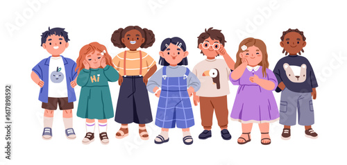 Happy kid group portrait. Diverse children, inclusive team. Little boys and girls standing together. Smiling preschoolers in glasses, with braces. Flat vector illustration isolated on white background