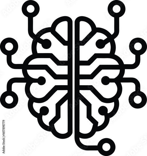 Black outline of a digital brain with connecting nodes and circuits technology network