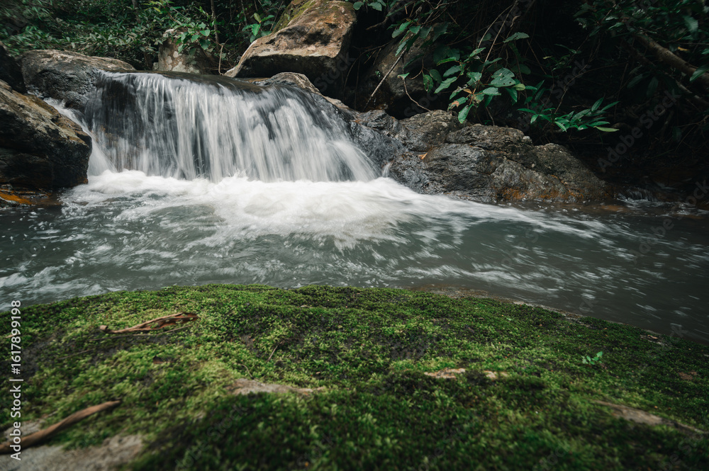 Obraz premium Serene Waterfall Flowing Over Rocks in Lush Green Landscape