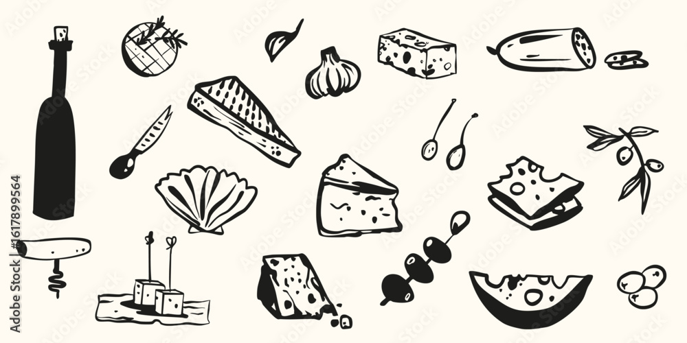Fototapeta premium Hand drawn whimsical cheese olives food party collection. Romantic vector illustration menu decoration. Cafe restaurant icons doodle graphic sketch set.