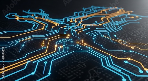 Intricate glowing blue and orange circuit board pathways on a dark background symbolizing technology and data flow