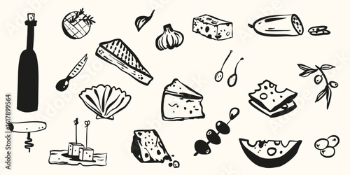 Hand drawn whimsical cheese olives food party collection. Romantic vector illustration menu decoration. Cafe restaurant icons doodle graphic sketch set.