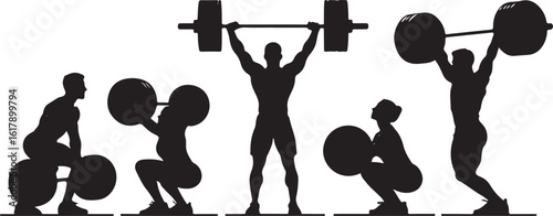 Silhouettes of people lifting barbells in various poses weightlifting strength training