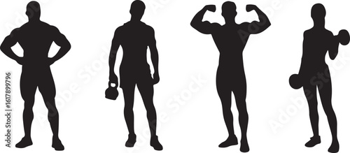 Muscular male silhouettes exercising with weights fitness exercise