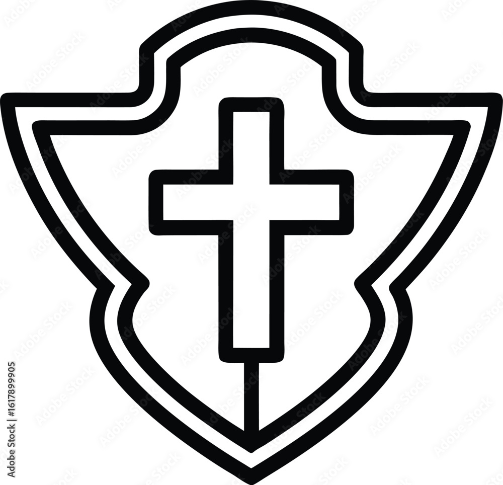 Obraz premium Black outline of a shield with a cross inside on white background religious symbol christianity