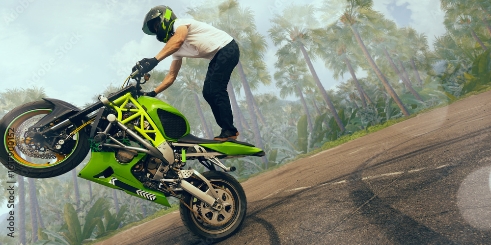 Naklejka premium Moto stunt riding biker.