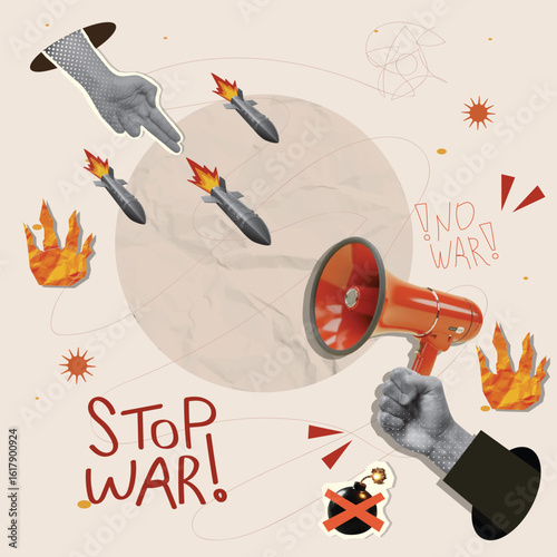Stop war protest with megaphone and explosive imagery. Vector illustration