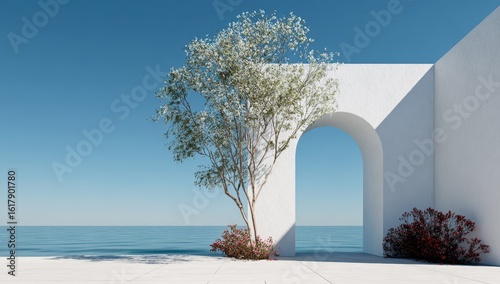 White architectural scene by the sea