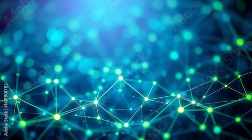 High-resolution stock photo Abstract background of glowing technology particles forming a mesh network.  Commercial use, professional quality, vibrant blues and greens, sharp focus, detailed textures