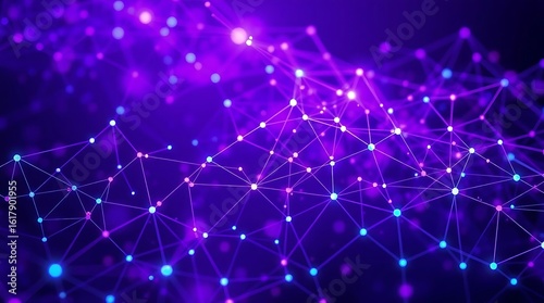 High-resolution stock photo Abstract background of interconnected particles forming a mesh network, commercial use, professional quality, color palette of deep purples and electric blues