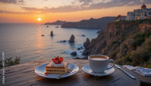 Sweet Dessert and Coffee on a Cliffside Table Overlooking the Ocean at Sunset