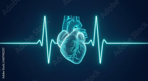 Glowing anatomical heart silhouette superimposed over a blue neon electrocardiogram pulse line