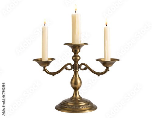  Vintage Brass Candlestick with Lit Candle, Straight-On View, Warm Glow
