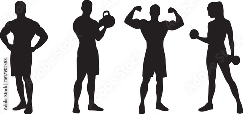 Muscular silhouettes of men and women exercising with weights fitness exercise