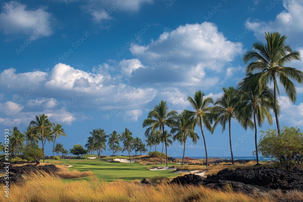 Fototapeta premium Golf Course Palm Trees. Stunning Landscape of Tropical Golf Course on Hawaii Island