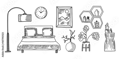 A well-appointed bedroom showcases a comfortable bed with pillows, decorative wall art, and stylish plants. Lighting and accessories enhance a warm, inviting space.