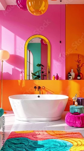 modern bathroom dopamine style with colorful towels