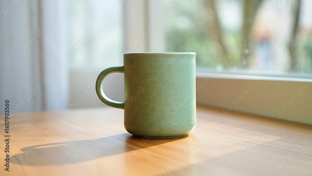 Serene Morning Coffee Still Life with Soft Green Mug on Wooden Table beside Window with Natural Light Serene Morning Coffee Still Life with Soft Green Mug on Wooden Table beside Window with Natural Light