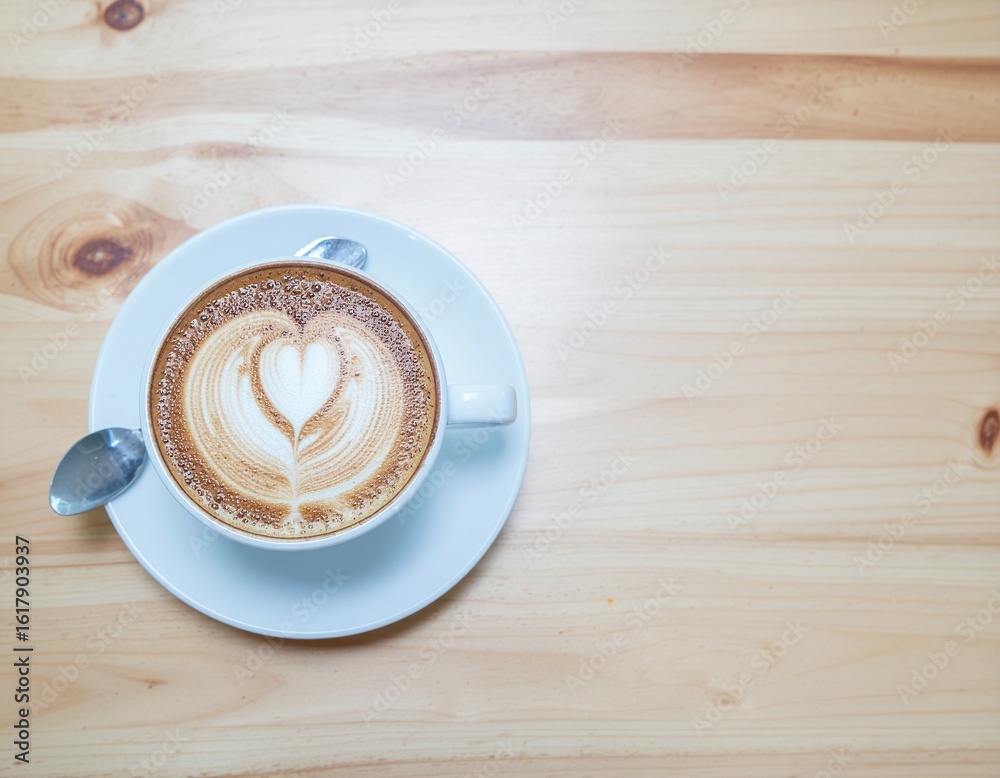 Obraz premium Latte Art Heart Coffee Cup on Wooden Table Top View