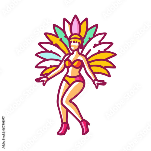 Colorful carnival dancer in bright costume with feather accessories  