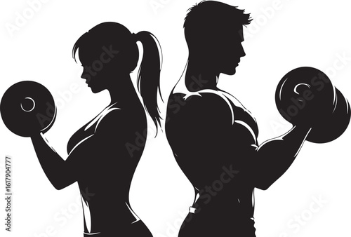 Athletic man and woman lifting dumbbells fitness silhouette