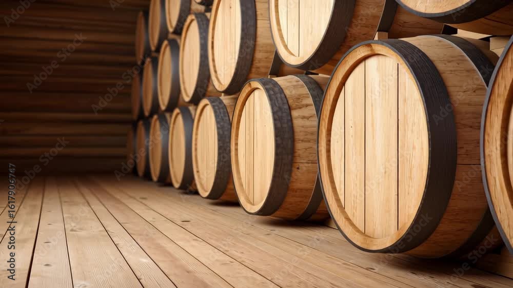 An interior view of a rustic wine cellar with neatly arranged wooden barrels in soft lighting. An interior view of a rustic wine cellar with neatly arranged wooden barrels in soft lighting.