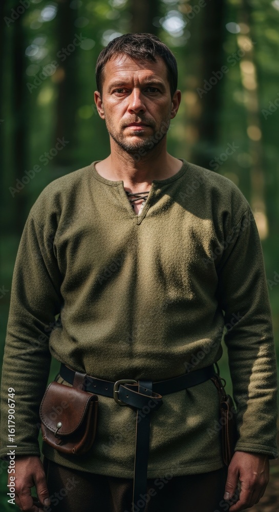 Obraz premium Serious medieval man in a green tunic and leather belt standing in a sunlit summer forest