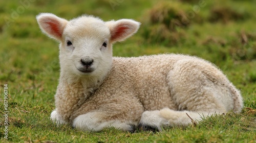 Sheep Lying Down. A Cute Newborn Lamb Resting in the Lush Green Meadow