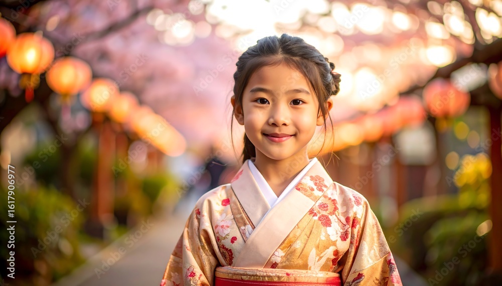 Portrait of a girl in traditional Japanese attire amidst cherry blossoms Portrait of a girl in traditional Japanese attire amidst cherry blossoms