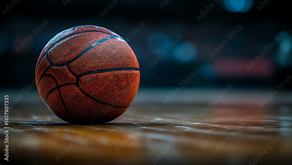 Close up of a textured orange basketball resting on a polished wooden court sport game Close up of a textured orange basketball resting on a polished wooden court sport game