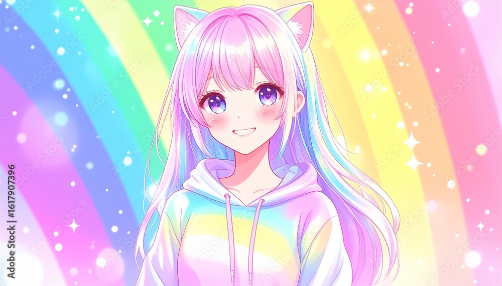 Colorful anime-style girl with cat ears against a vibrant rainbow background. Colorful anime-style girl with cat ears against a vibrant rainbow background.