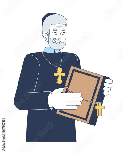Christian priest holding Bible with cross necklace 2D vector illustration. Catholic sermon scripture. Pastor clergyman in dark robes flat character isolated on white background. Colorful cartoon image