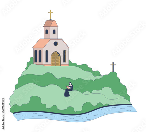 Church monastery on hill with nun reading 2D vector illustration. Spiritual solitude. Catholic chapel on grassy hilltop near river flat character isolated on white background. Colorful cartoon image