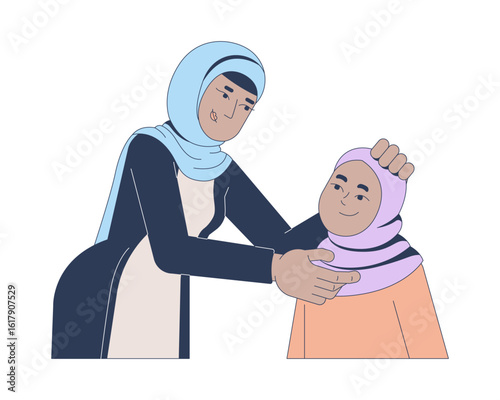 Muslim mother gently adjusting daughter hijab 2D vector illustration. Islam parenting, modest fashion. Islamic family life flat characters isolated on white background. Colorful cartoon image