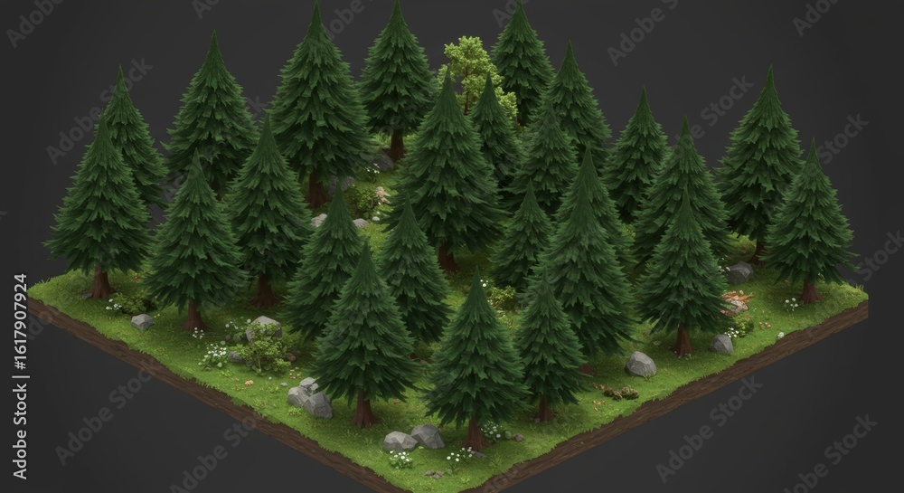 Obraz premium Isometric view of a small forest with evergreen trees, grass, and rocks on a square of land.