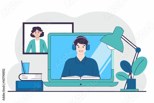 Edukacja online. Mężczyzna w słuchawkach uczestniczy w wirtualnej lekcji lub webinarze na laptopie.