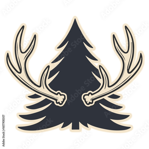 Rustic pine tree with large elk antlers vector logo. A vintage outdoor adventure and hunting emblem design isolated on a white background.