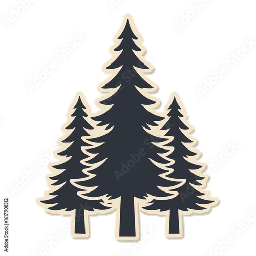 Three evergreen pine trees in a forest sticker design. Simple flat vector silhouette icon for wilderness and outdoor themes.