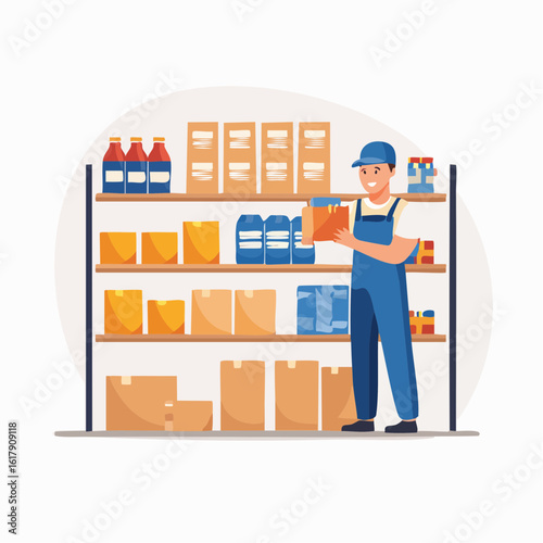 Flat vector of a supermarket employee restocking shelves with packaged goods, in uniform and friendly setting