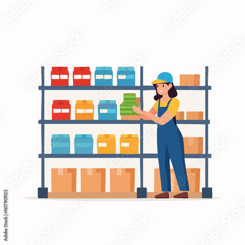 Flat vector of a supermarket employee restocking shelves with packaged goods, in uniform and friendly setting