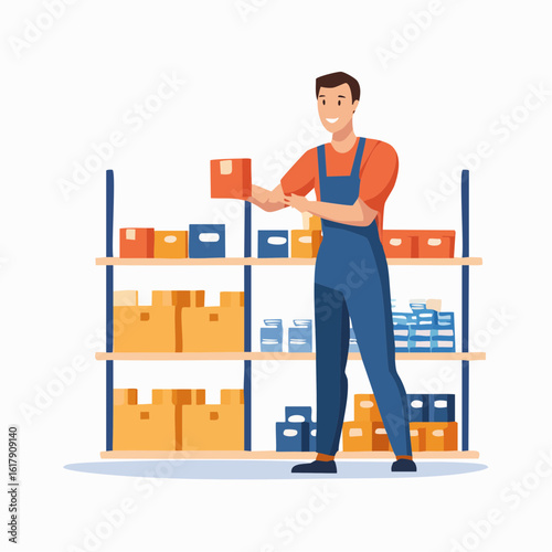 Flat vector of a supermarket employee restocking shelves with packaged goods, in uniform and friendly setting