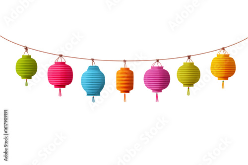Vibrant Chinese Lanterns String with Varied Shapes and Colors for Festive Decorations and Celebrations Isolated on transparent background, cutout	
