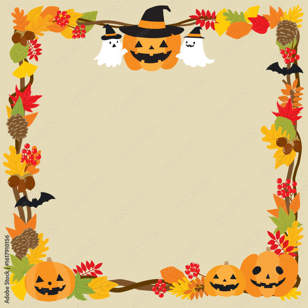 Fototapeta premium ハロウィンのかわいい手描きフレーム 正方形 文字なし
