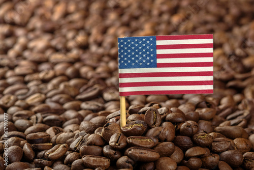 America USA national flag on roasted coffee beans. Concept for export, import, business, market, industry and tariff of coffee bean.  Generated image