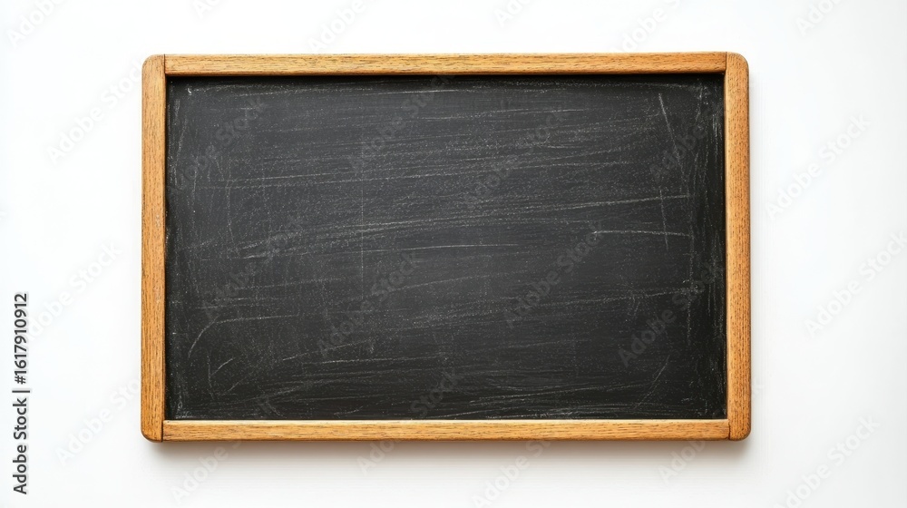 Fototapeta premium Blank black blackboard in wooden frame against white background - minimalist education theme