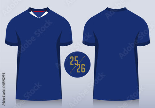 Front and back view of blue t-shirt and sleeves with white v collar for football club. Sportswear, sport uniform, soccer jersey or football kit mockup template design in minimal style. 