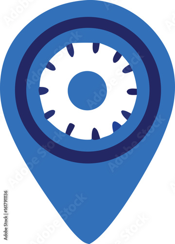 A blue location pin icon featuring a stylized clock face with dark blue markings and a central oval element