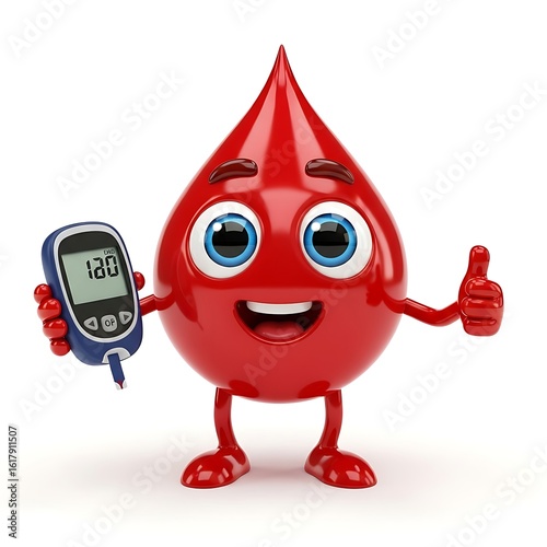 A smiling red blood drop character holding a blood glucose monitor with a healthy reading. 3D rendering representing diabetes care and testing.